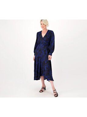 Susan Grave Occasions Wrap Dress Size Small Printed Woven Jacquard Beaming Blue